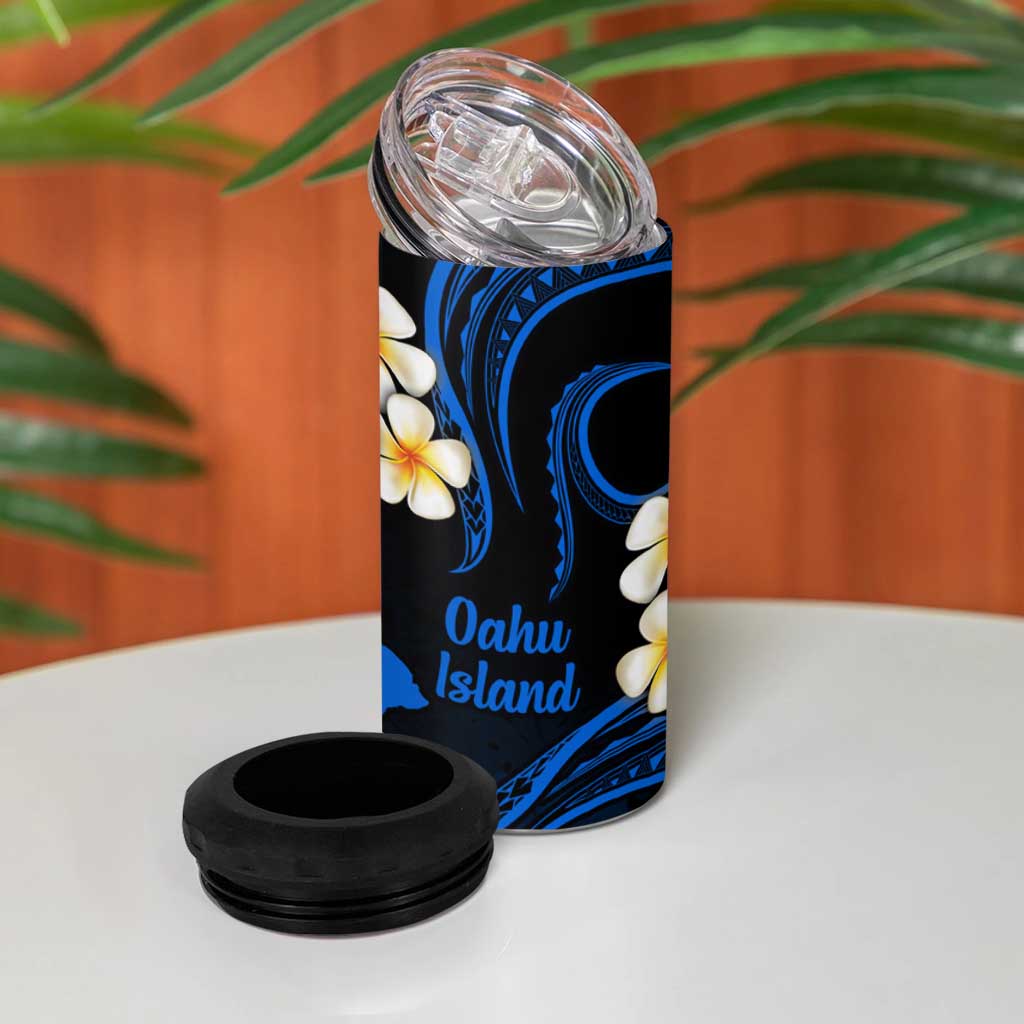 Hawaii Oahu Islands Pacific Plumeria 4 in 1 Can Cooler Tumbler Blue Polynesian Tattoo