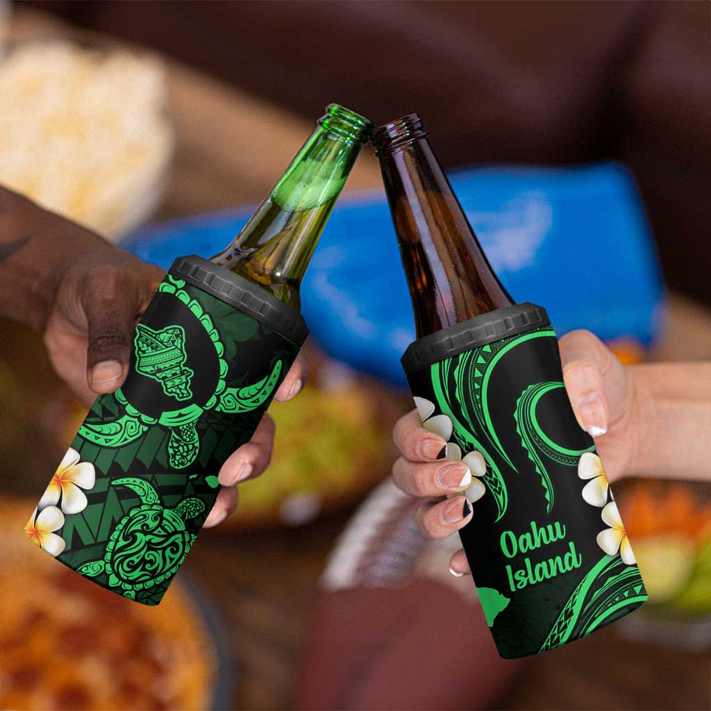 Hawaii Oahu Islands Pacific Plumeria 4 in 1 Can Cooler Tumbler Green Polynesian Tattoo