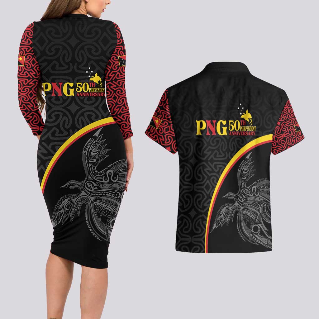 Papua New Guinea 50th Independence Day Couples Matching Long Sleeve Bodycon Dress and Hawaiian Shirt Simple Oro Tapa Pattern - Polynesian Pride