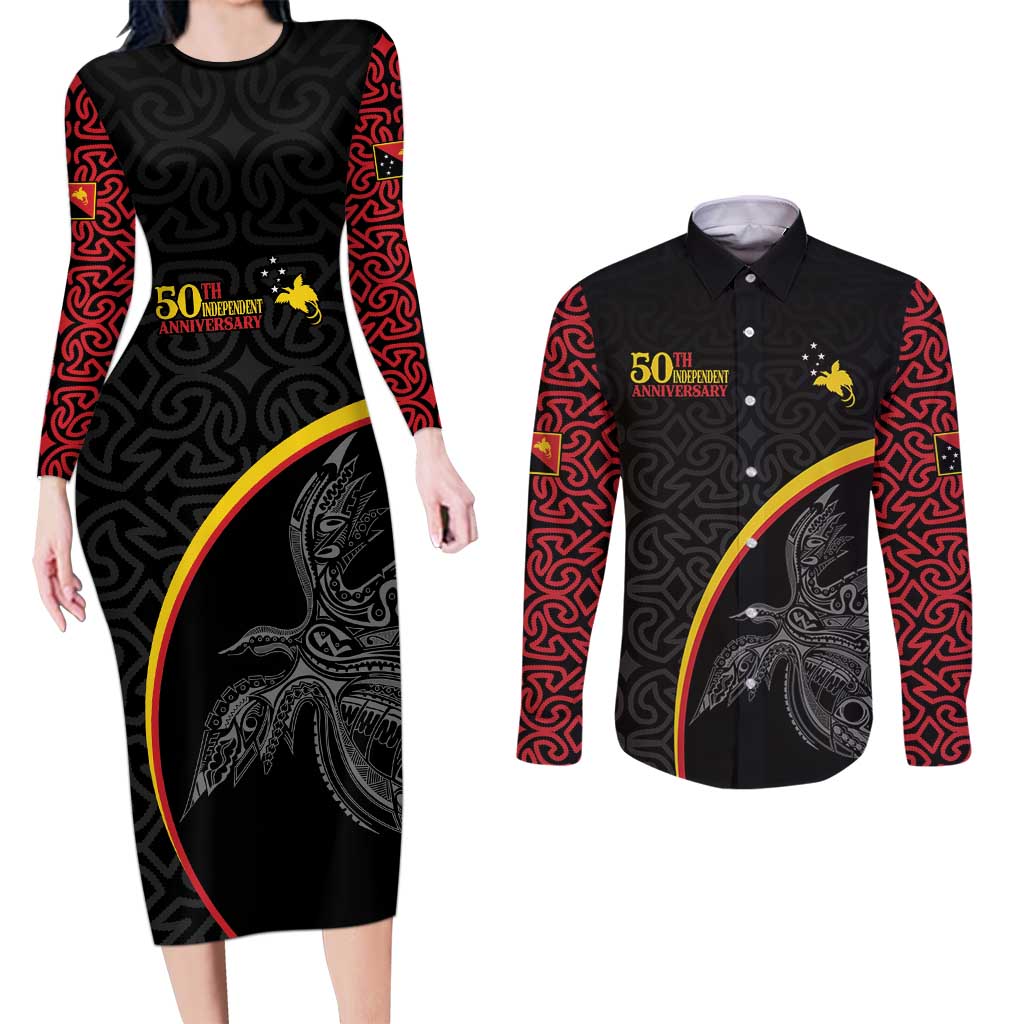 Papua New Guinea 50th Independence Day Couples Matching Long Sleeve Bodycon Dress and Long Sleeve Button Shirt Simple Oro Tapa Pattern - Polynesian Pride