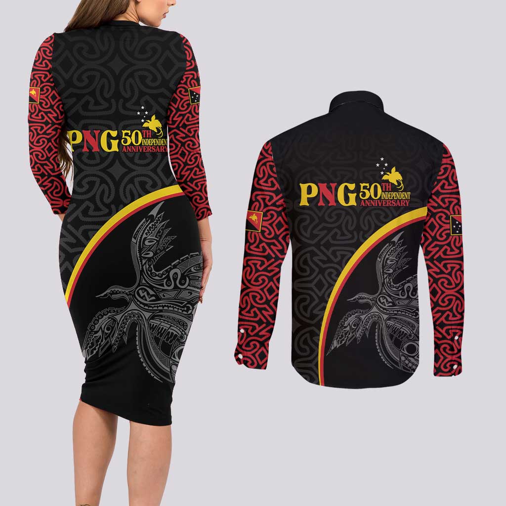 Papua New Guinea 50th Independence Day Couples Matching Long Sleeve Bodycon Dress and Long Sleeve Button Shirt Simple Oro Tapa Pattern - Polynesian Pride
