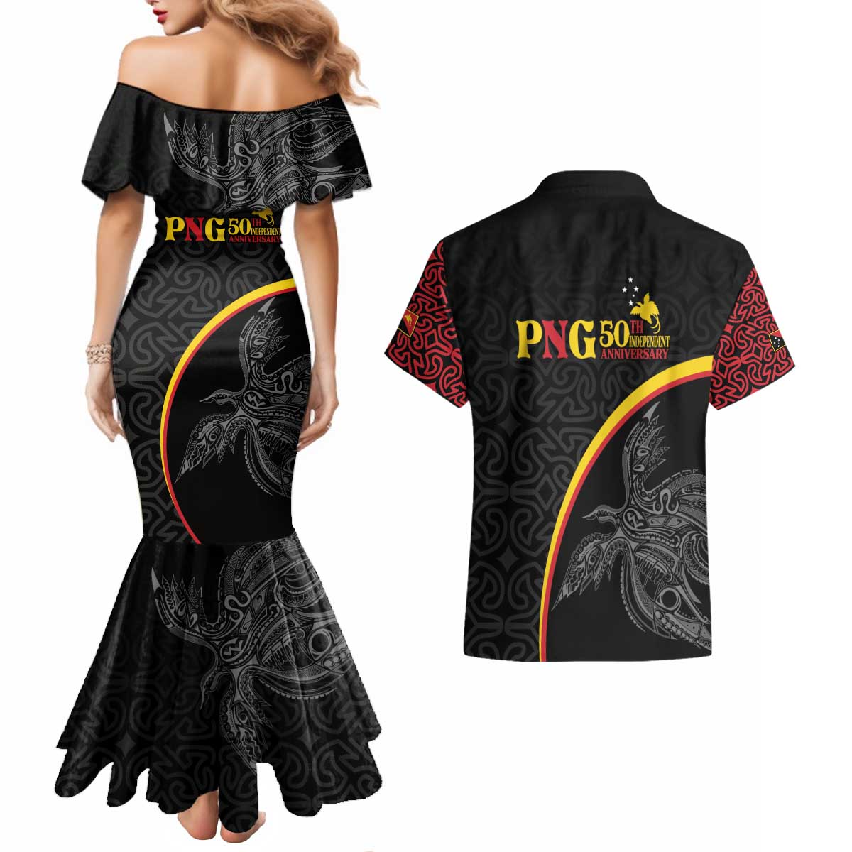 Papua New Guinea 50th Independence Day Couples Matching Mermaid Dress and Hawaiian Shirt Simple Oro Tapa Pattern - Polynesian Pride