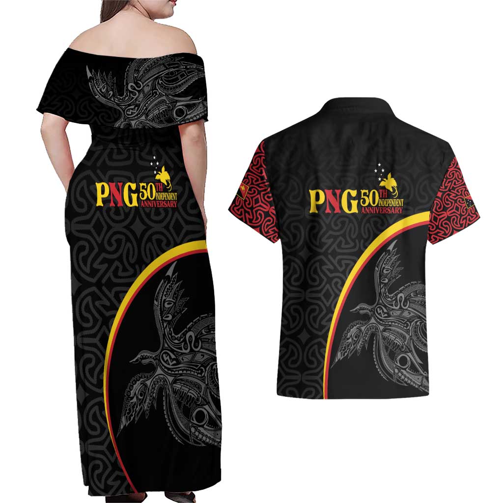 Papua New Guinea 50th Independence Day Couples Matching Off Shoulder Maxi Dress and Hawaiian Shirt Simple Oro Tapa Pattern - Polynesian Pride