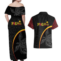 Papua New Guinea 50th Independence Day Couples Matching Off Shoulder Maxi Dress and Hawaiian Shirt Simple Oro Tapa Pattern - Polynesian Pride