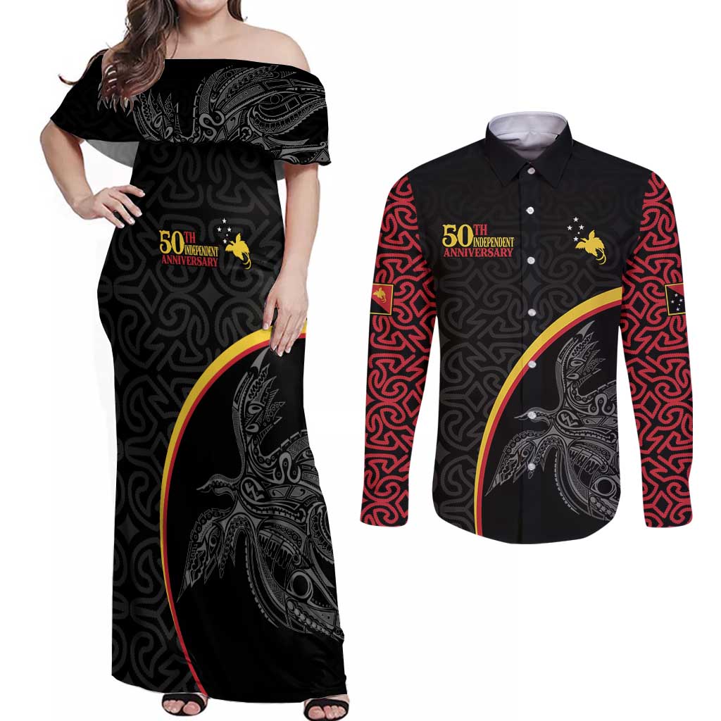 Papua New Guinea 50th Independence Day Couples Matching Off Shoulder Maxi Dress and Long Sleeve Button Shirt Simple Oro Tapa Pattern - Polynesian Pride