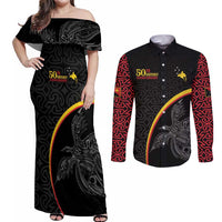 Papua New Guinea 50th Independence Day Couples Matching Off Shoulder Maxi Dress and Long Sleeve Button Shirt Simple Oro Tapa Pattern - Polynesian Pride