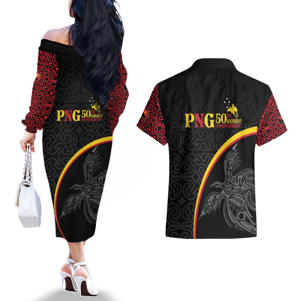 Papua New Guinea 50th Independence Day Couples Matching Off The Shoulder Long Sleeve Dress and Hawaiian Shirt Simple Oro Tapa Pattern - Polynesian Pride