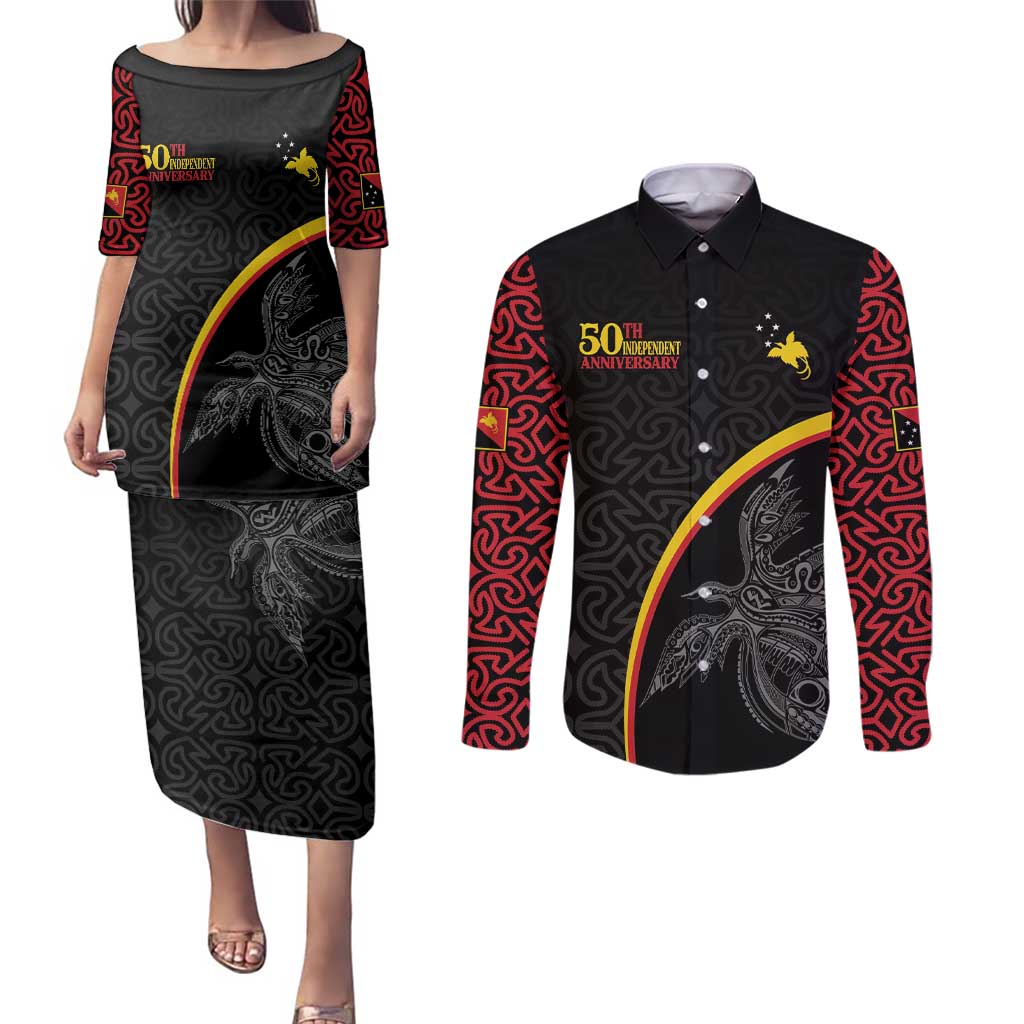 Papua New Guinea 50th Independence Day Couples Matching Puletasi and Long Sleeve Button Shirt Simple Oro Tapa Pattern - Polynesian Pride