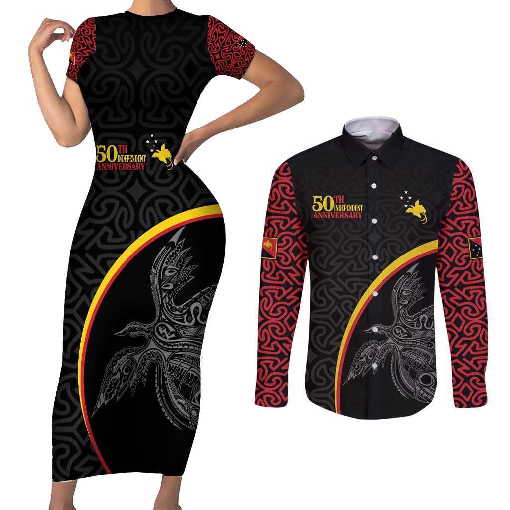 Papua New Guinea 50th Independence Day Couples Matching Short Sleeve Bodycon Dress and Long Sleeve Button Shirt Simple Oro Tapa Pattern - Polynesian Pride