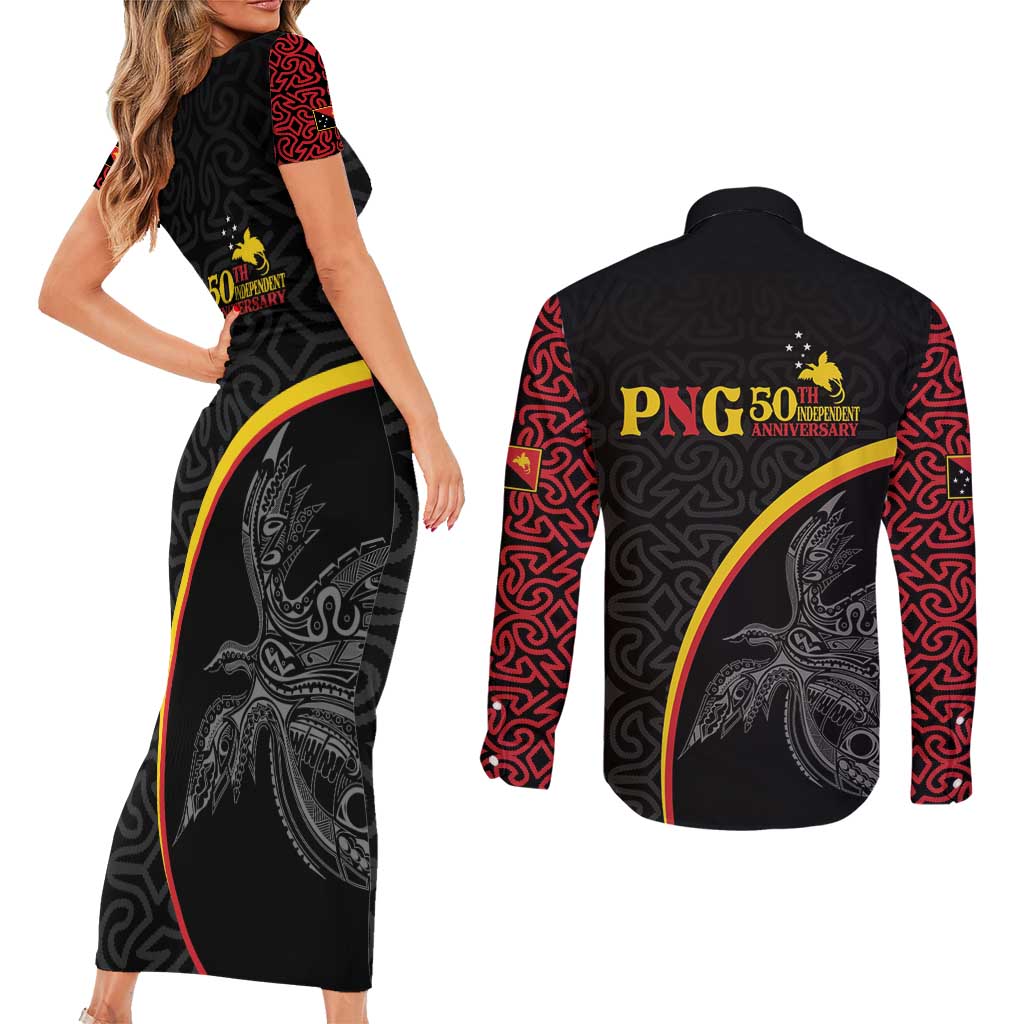 Papua New Guinea 50th Independence Day Couples Matching Short Sleeve Bodycon Dress and Long Sleeve Button Shirt Simple Oro Tapa Pattern - Polynesian Pride
