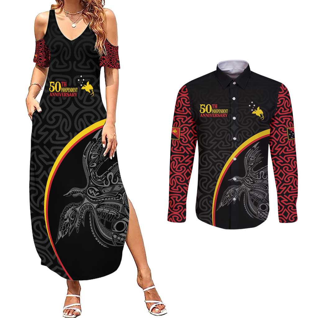 Papua New Guinea 50th Independence Day Couples Matching Summer Maxi Dress and Long Sleeve Button Shirt Simple Oro Tapa Pattern - Polynesian Pride