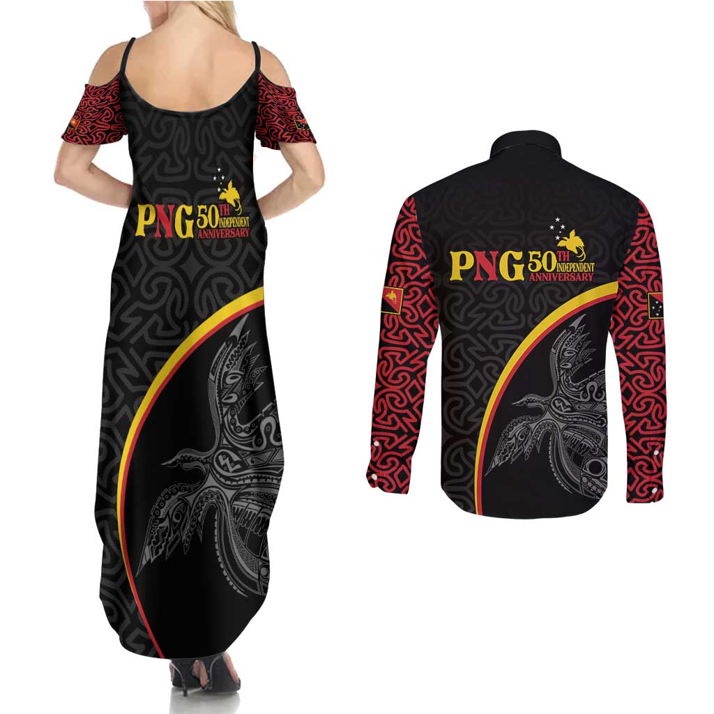 Papua New Guinea 50th Independence Day Couples Matching Summer Maxi Dress and Long Sleeve Button Shirt Simple Oro Tapa Pattern - Polynesian Pride