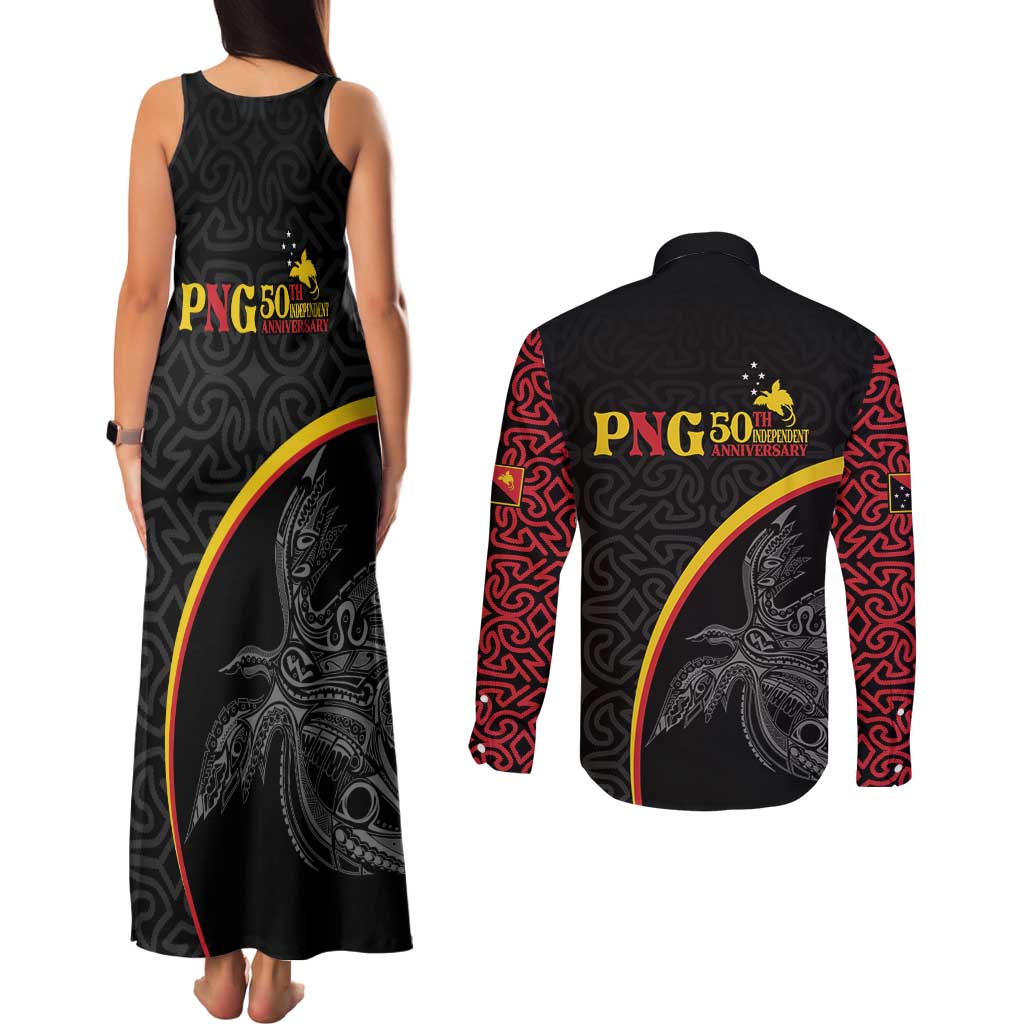 Papua New Guinea 50th Independence Day Couples Matching Tank Maxi Dress and Long Sleeve Button Shirt Simple Oro Tapa Pattern - Polynesian Pride