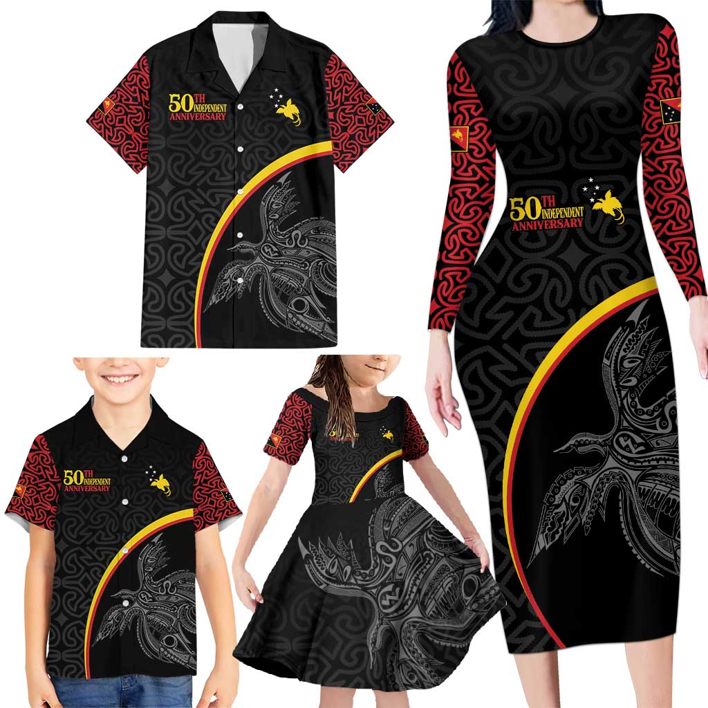 Papua New Guinea 50th Independence Day Family Matching Long Sleeve Bodycon Dress and Hawaiian Shirt Simple Oro Tapa Pattern - Polynesian Pride