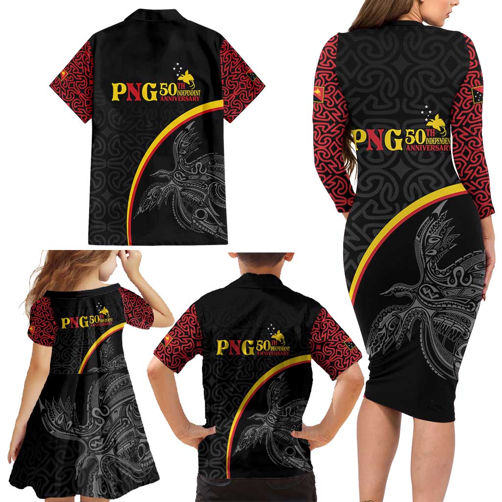 Papua New Guinea 50th Independence Day Family Matching Long Sleeve Bodycon Dress and Hawaiian Shirt Simple Oro Tapa Pattern - Polynesian Pride