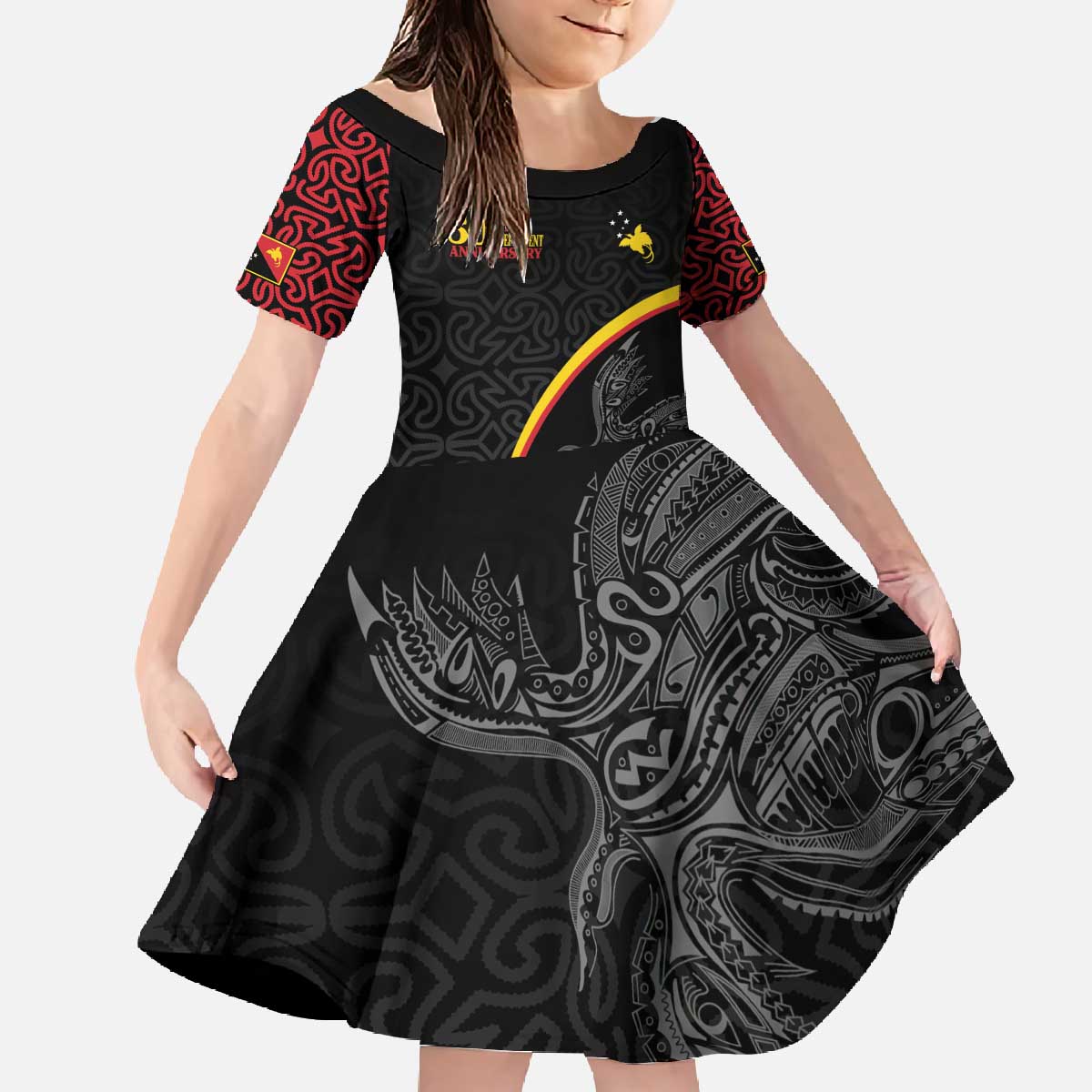 Papua New Guinea 50th Independence Day Family Matching Off The Shoulder Long Sleeve Dress and Hawaiian Shirt Simple Oro Tapa Pattern - Polynesian Pride