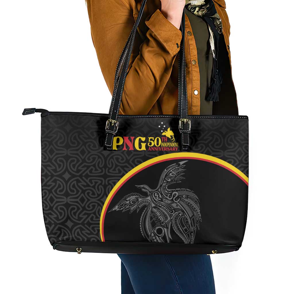 Papua New Guinea 50th Independence Day Leather Tote Bag Simple Oro Tapa Pattern - Polynesian Pride