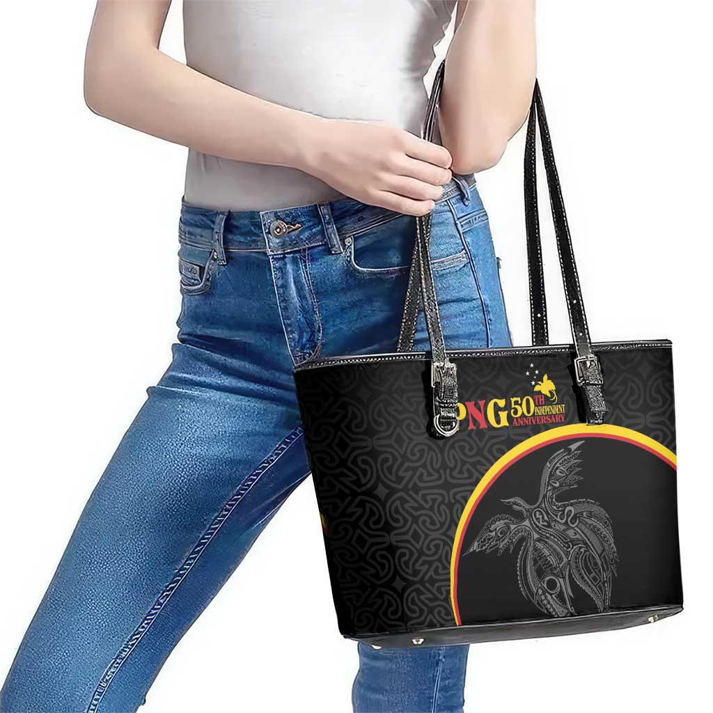 Papua New Guinea 50th Independence Day Leather Tote Bag Simple Oro Tapa Pattern - Polynesian Pride