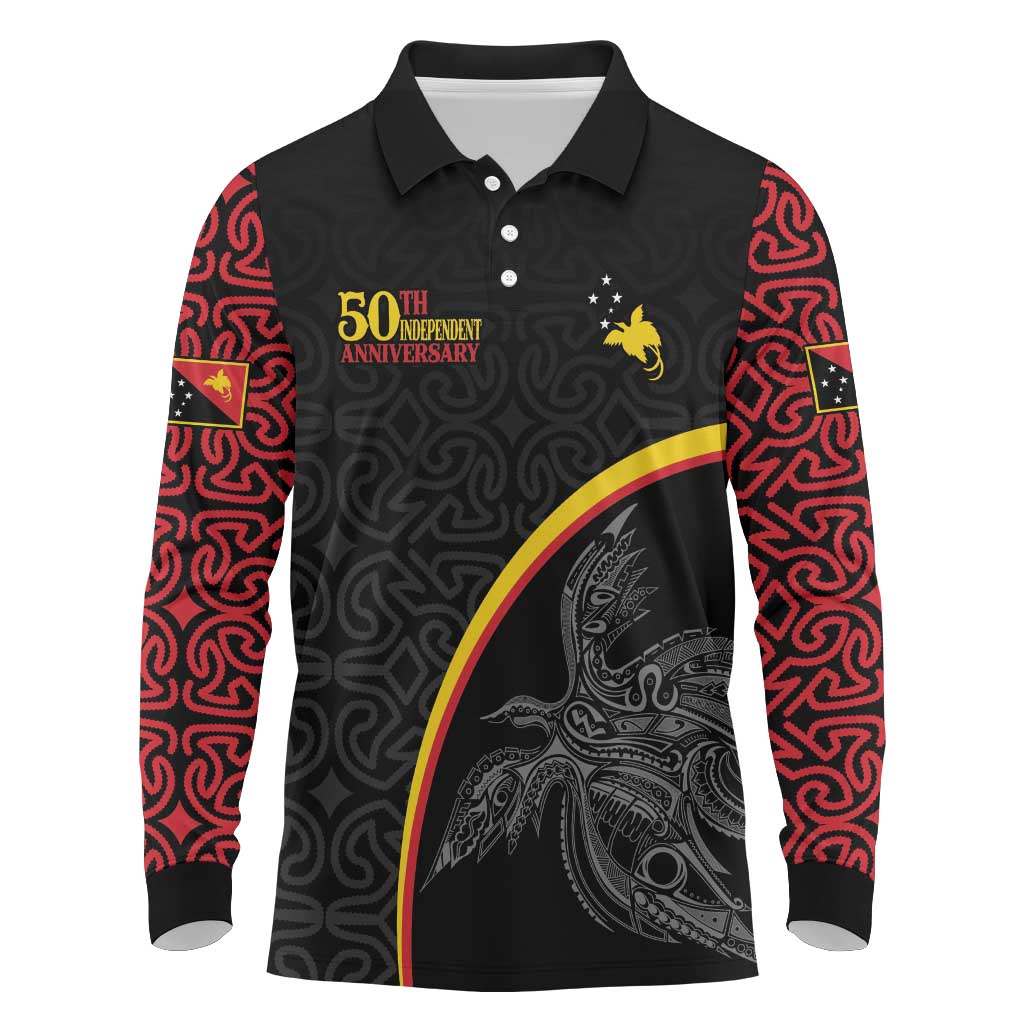 Papua New Guinea 50th Independence Day Long Sleeve Polo Shirt Simple Oro Tapa Pattern - Polynesian Pride