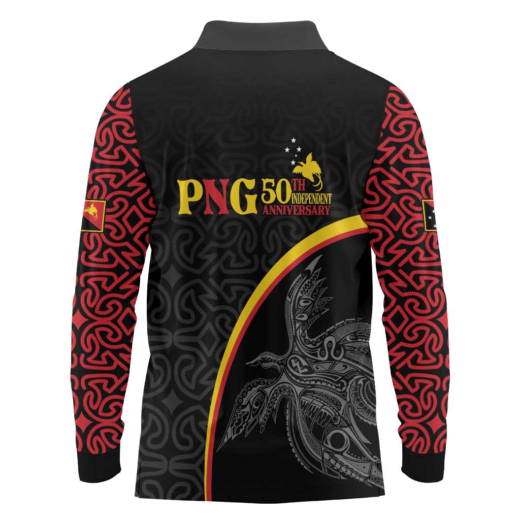 Papua New Guinea 50th Independence Day Long Sleeve Polo Shirt Simple Oro Tapa Pattern - Polynesian Pride