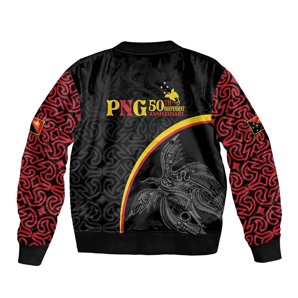 Papua New Guinea 50th Independence Day Sleeve Zip Bomber Jacket Simple Oro Tapa Pattern - Polynesian Pride