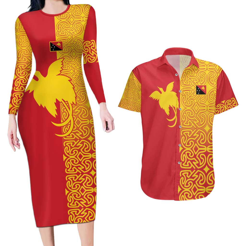 Papua New Guinea Oro Tapa Personalised Couples Matching Long Sleeve Bodycon Dress and Hawaiian Shirt Simple Bird of Paradise Style - Polynesian Pride