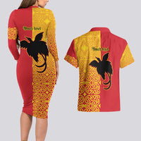 Papua New Guinea Oro Tapa Personalised Couples Matching Long Sleeve Bodycon Dress and Hawaiian Shirt Simple Bird of Paradise Style - Polynesian Pride