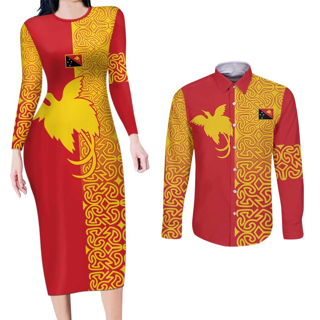 Papua New Guinea Oro Tapa Personalised Couples Matching Long Sleeve Bodycon Dress and Long Sleeve Button Shirt Simple Bird of Paradise Style - Polynesian Pride