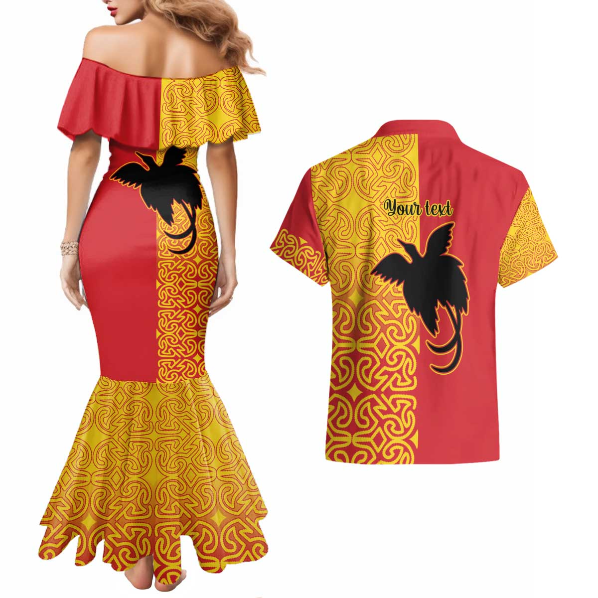 Papua New Guinea Oro Tapa Personalised Couples Matching Mermaid Dress and Hawaiian Shirt Simple Bird of Paradise Style - Polynesian Pride