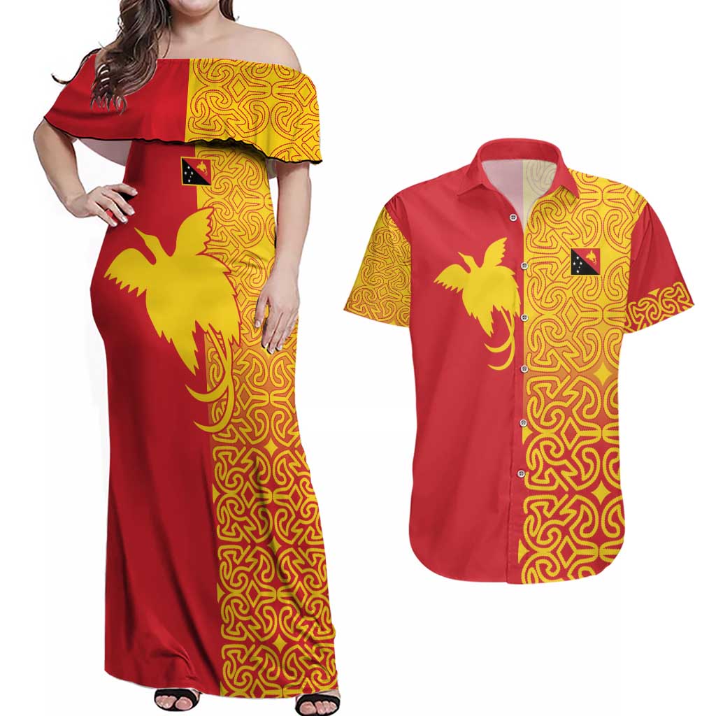 Papua New Guinea Oro Tapa Personalised Couples Matching Off Shoulder Maxi Dress and Hawaiian Shirt Simple Bird of Paradise Style - Polynesian Pride