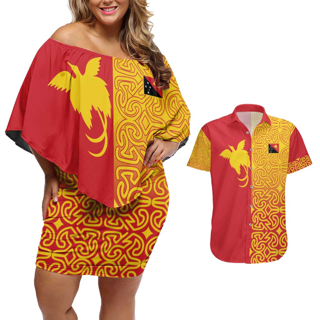 Papua New Guinea Oro Tapa Personalised Couples Matching Off Shoulder Short Dress and Hawaiian Shirt Simple Bird of Paradise Style - Polynesian Pride