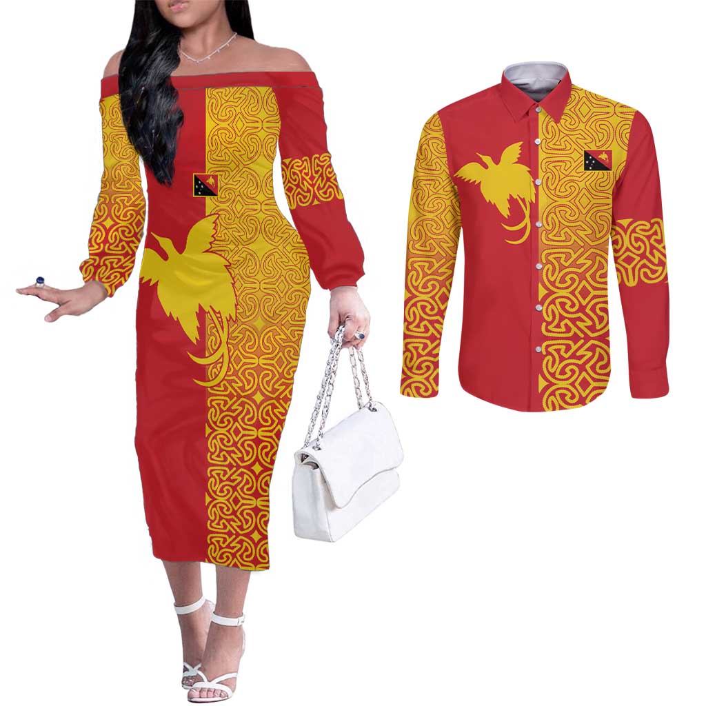 Papua New Guinea Oro Tapa Personalised Couples Matching Off The Shoulder Long Sleeve Dress and Long Sleeve Button Shirt Simple Bird of Paradise Style - Polynesian Pride