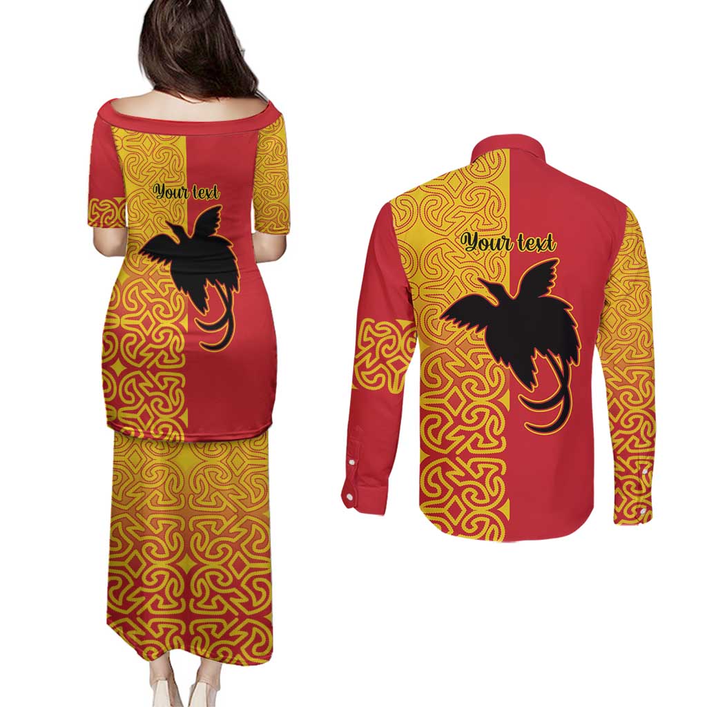 Papua New Guinea Oro Tapa Personalised Couples Matching Puletasi and Long Sleeve Button Shirt Simple Bird of Paradise Style - Polynesian Pride