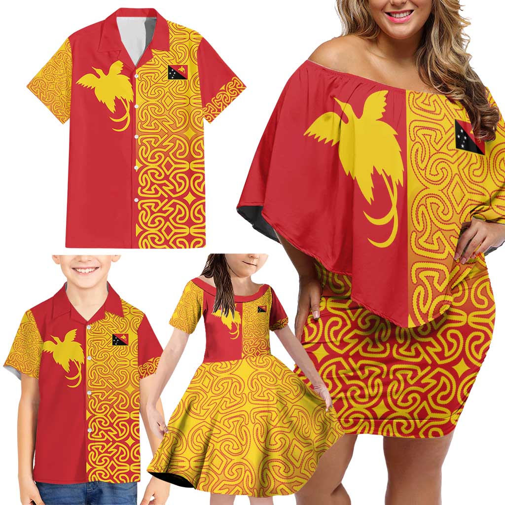 Papua New Guinea Oro Tapa Personalised Family Matching Off Shoulder Short Dress and Hawaiian Shirt Simple Bird of Paradise Style - Polynesian Pride