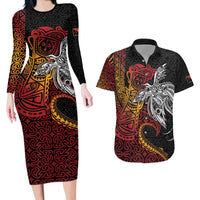 Papua New Guinea Sepik Personalised Couples Matching Long Sleeve Bodycon Dress and Hawaiian Shirt PNG Bird of Paradise Tattoo - Polynesian Pride