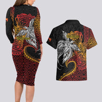 Papua New Guinea Sepik Personalised Couples Matching Long Sleeve Bodycon Dress and Hawaiian Shirt PNG Bird of Paradise Tattoo - Polynesian Pride