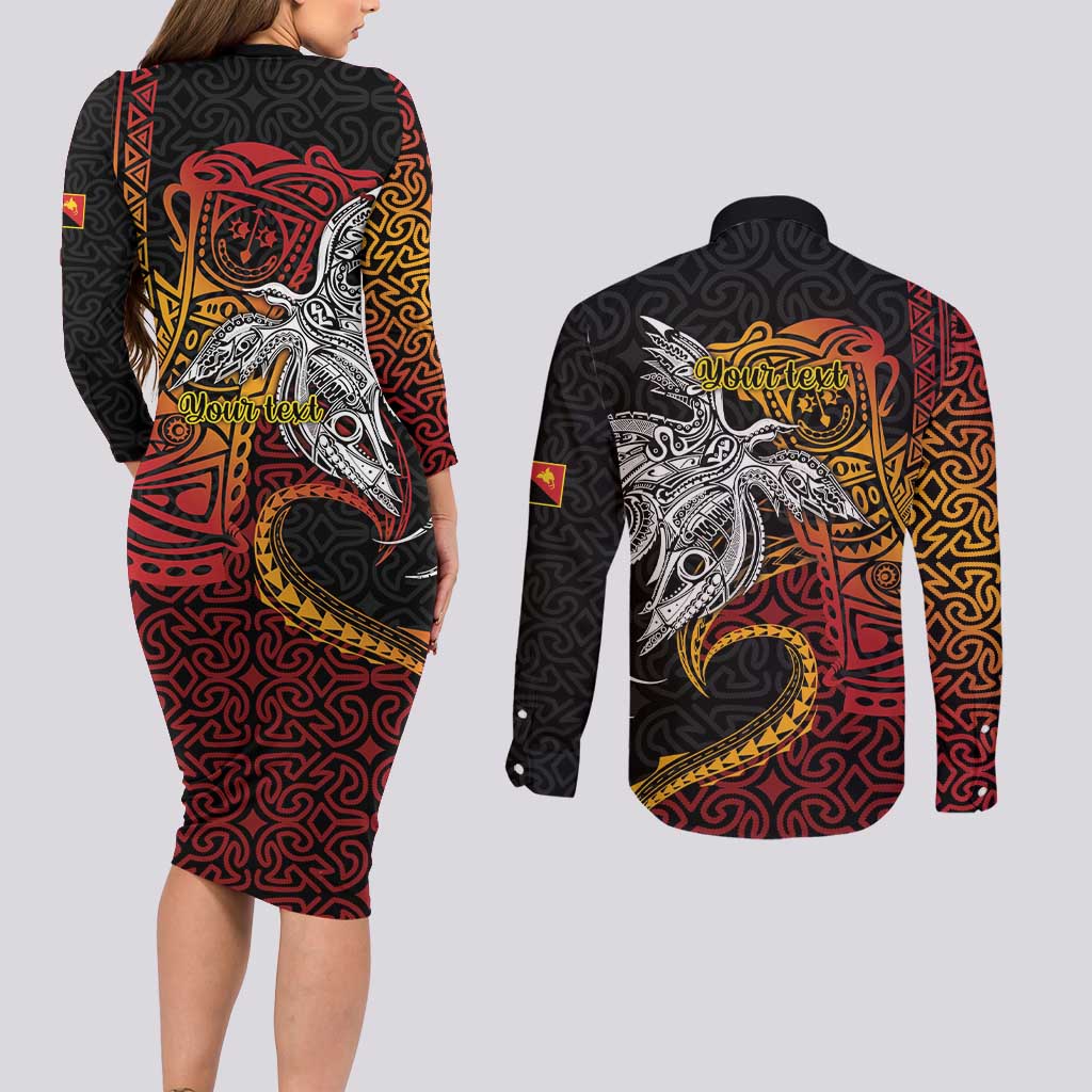 Papua New Guinea Sepik Personalised Couples Matching Long Sleeve Bodycon Dress and Long Sleeve Button Shirt PNG Bird of Paradise Tattoo - Polynesian Pride