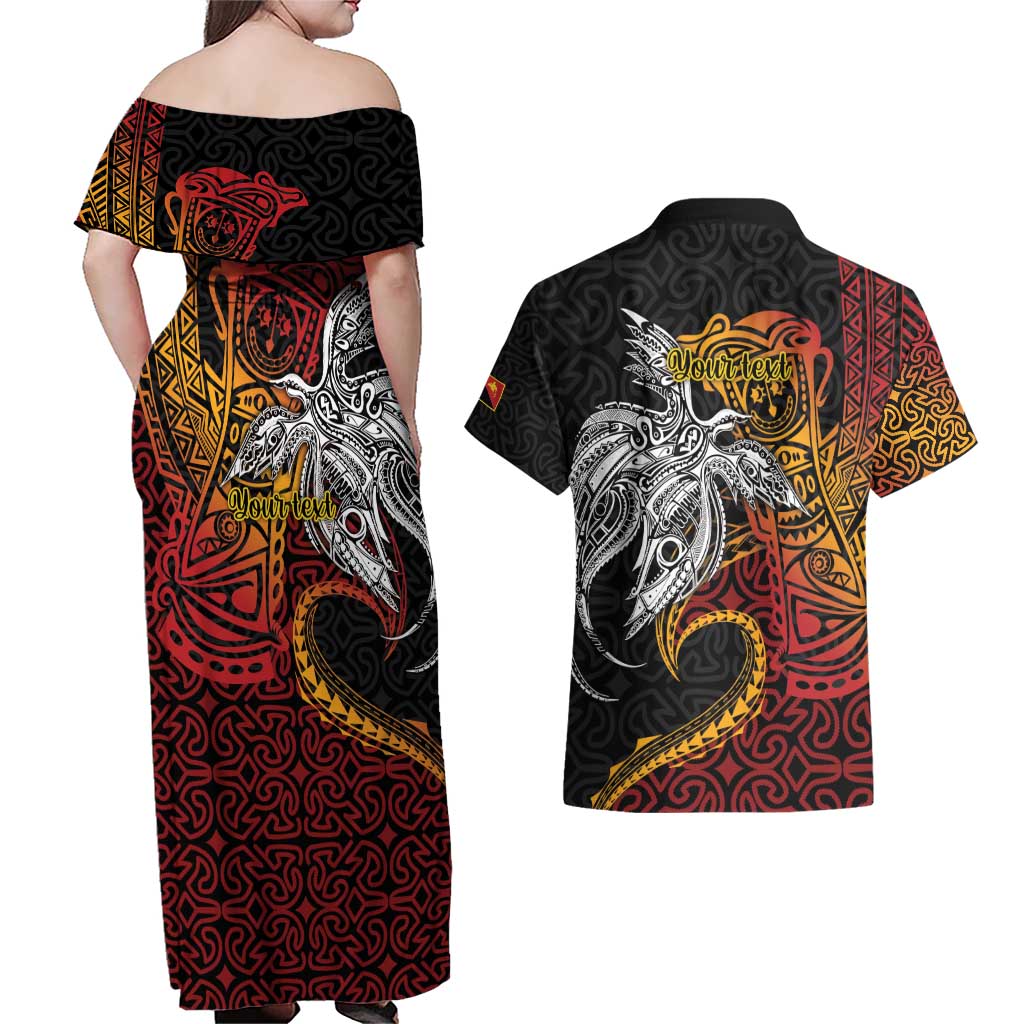 Papua New Guinea Sepik Personalised Couples Matching Off Shoulder Maxi Dress and Hawaiian Shirt PNG Bird of Paradise Tattoo - Polynesian Pride