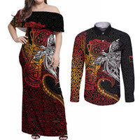 Papua New Guinea Sepik Personalised Couples Matching Off Shoulder Maxi Dress and Long Sleeve Button Shirt PNG Bird of Paradise Tattoo - Polynesian Pride
