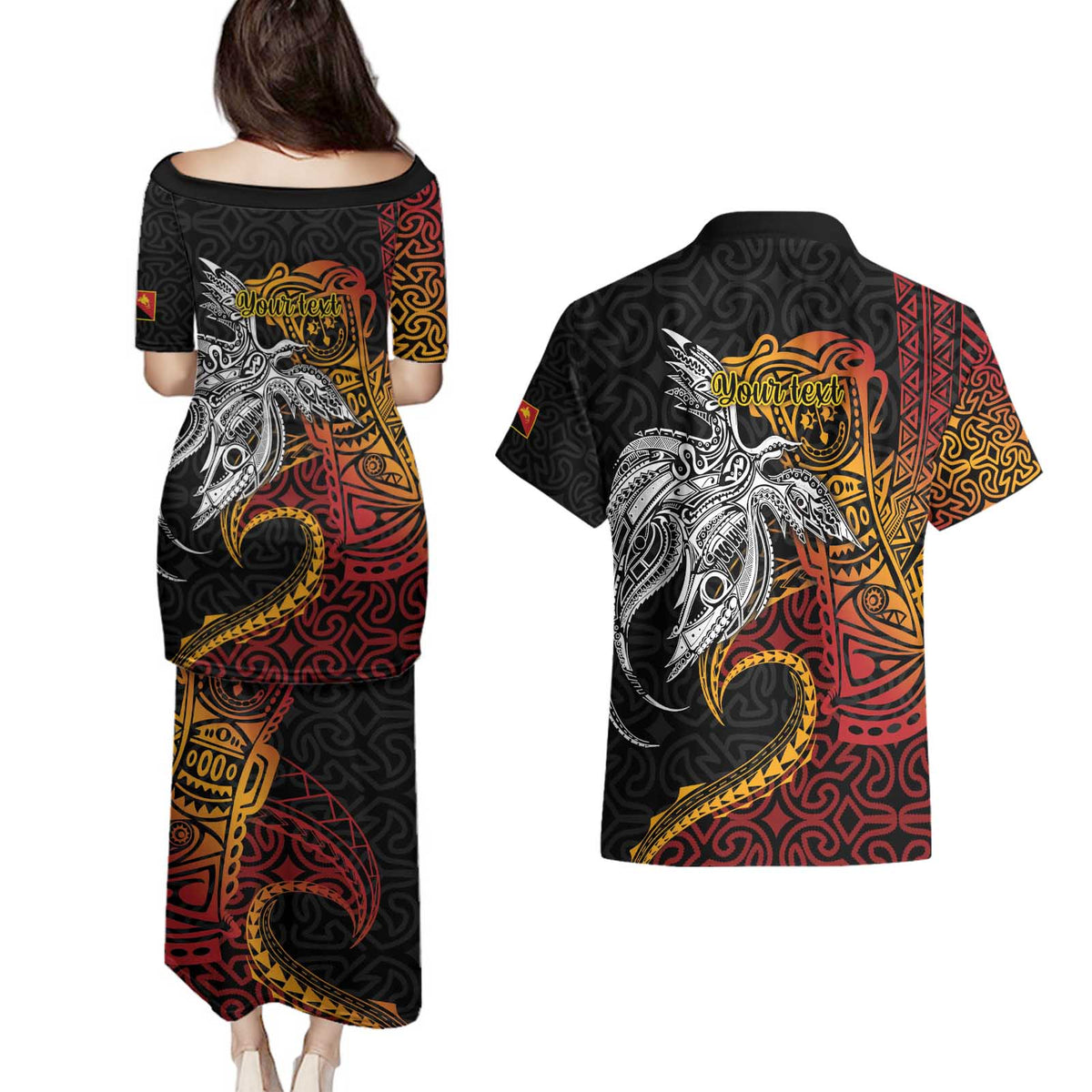 Papua New Guinea Sepik Personalised Couples Matching Puletasi and Hawaiian Shirt PNG Bird of Paradise Tattoo - Polynesian Pride