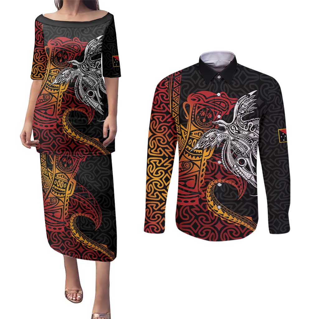 Papua New Guinea Sepik Personalised Couples Matching Puletasi and Long Sleeve Button Shirt PNG Bird of Paradise Tattoo - Polynesian Pride