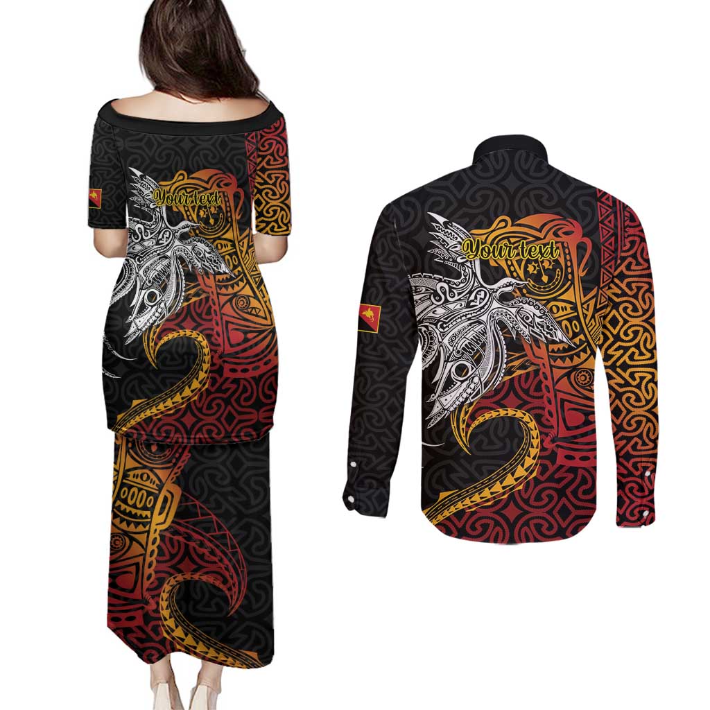 Papua New Guinea Sepik Personalised Couples Matching Puletasi and Long Sleeve Button Shirt PNG Bird of Paradise Tattoo - Polynesian Pride