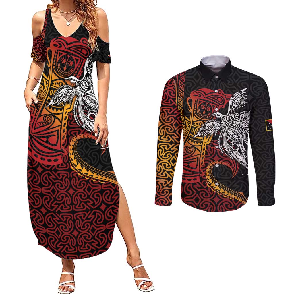 Papua New Guinea Sepik Personalised Couples Matching Summer Maxi Dress and Long Sleeve Button Shirt PNG Bird of Paradise Tattoo - Polynesian Pride