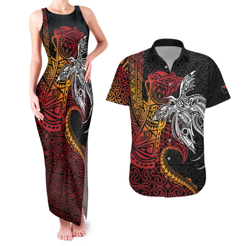 Papua New Guinea Sepik Personalised Couples Matching Tank Maxi Dress and Hawaiian Shirt PNG Bird of Paradise Tattoo - Polynesian Pride