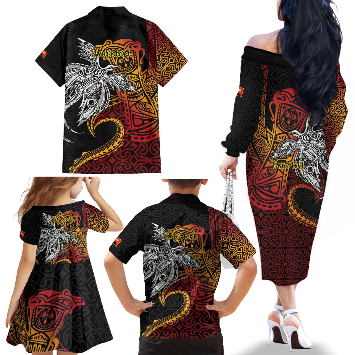 Papua New Guinea Sepik Personalised Family Matching Off The Shoulder Long Sleeve Dress and Hawaiian Shirt PNG Bird of Paradise Tattoo - Polynesian Pride