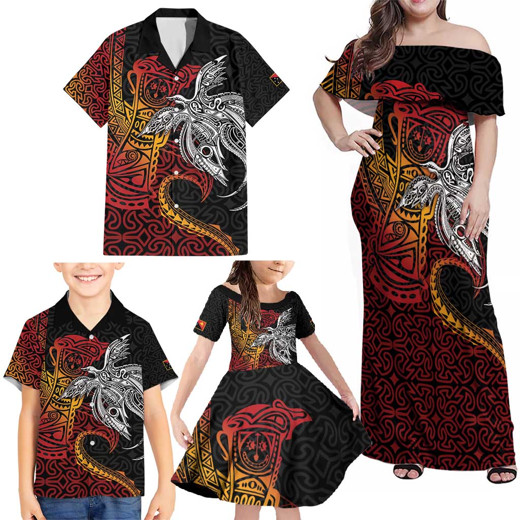 Papua New Guinea Sepik Personalised Family Matching Off Shoulder Maxi Dress and Hawaiian Shirt PNG Bird of Paradise Tattoo - Polynesian Pride