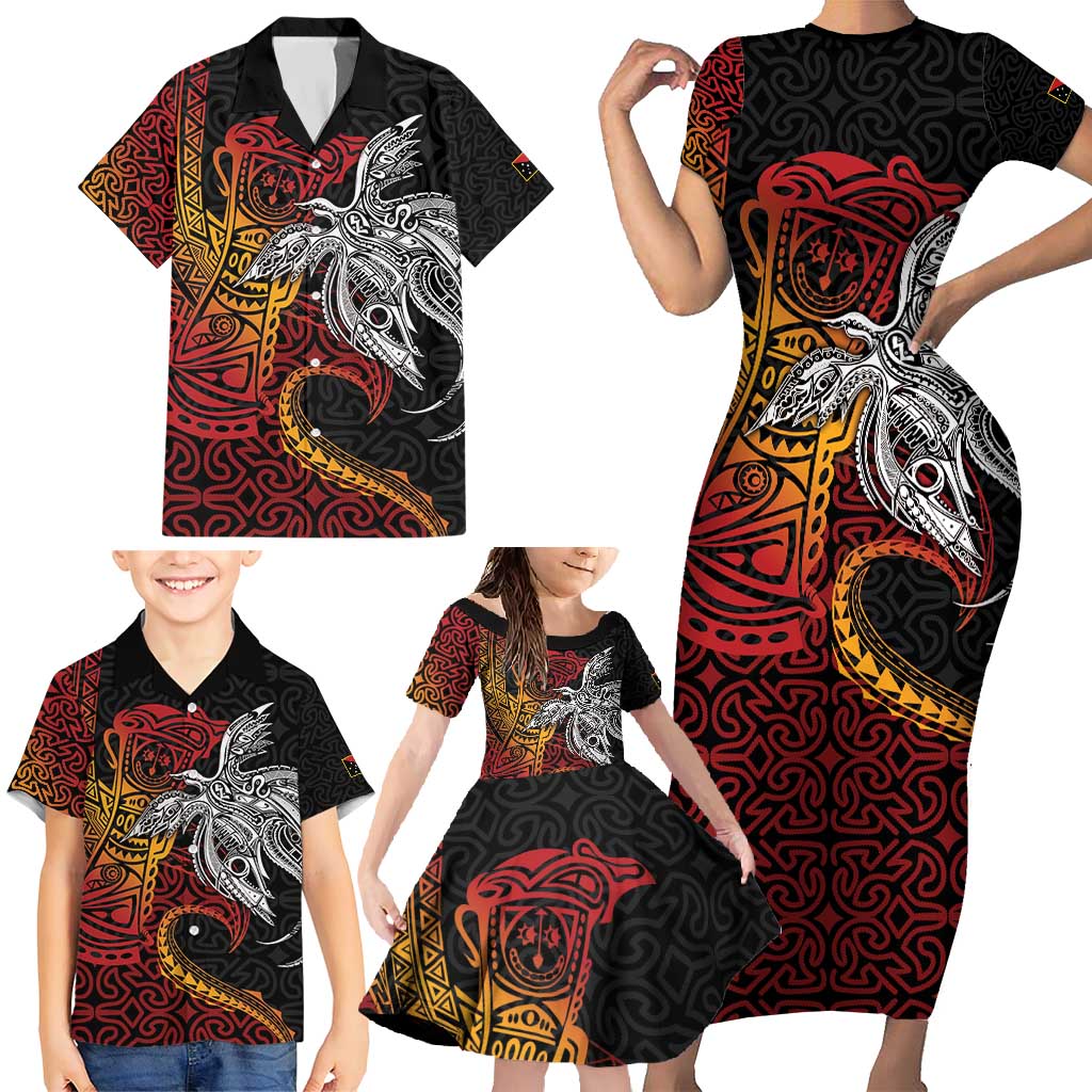 Papua New Guinea Sepik Personalised Family Matching Short Sleeve Bodycon Dress and Hawaiian Shirt PNG Bird of Paradise Tattoo - Polynesian Pride