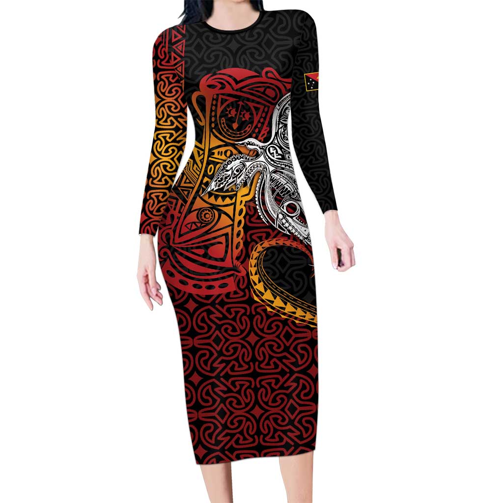 Papua New Guinea Sepik Personalised Long Sleeve Bodycon Dress PNG Bird of Paradise Tattoo - Polynesian Pride