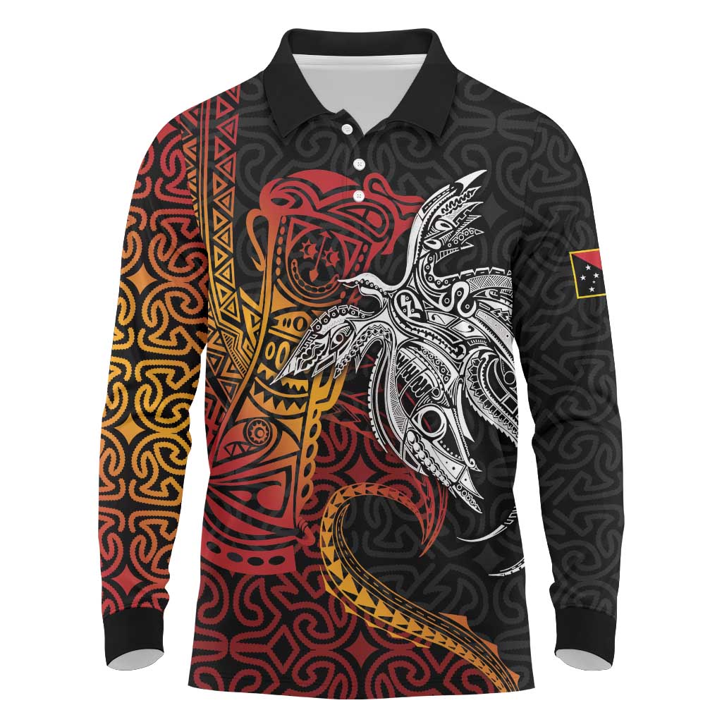 Papua New Guinea Sepik Personalised Long Sleeve Polo Shirt PNG Bird of Paradise Tattoo - Polynesian Pride
