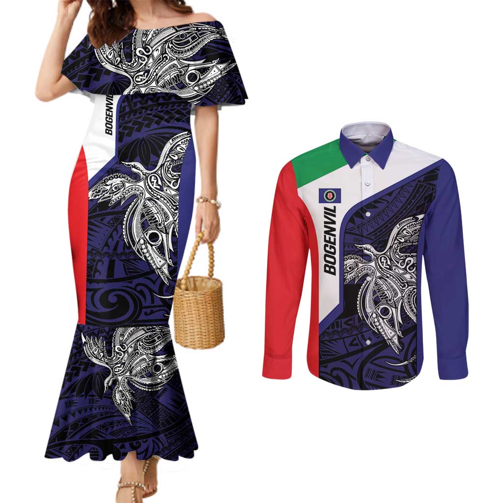 Personalised PNG Bougainville Couples Matching Mermaid Dress and Long Sleeve Button Shirt Bird of Paradise Tattoo Flag Motif - Polynesian Pride